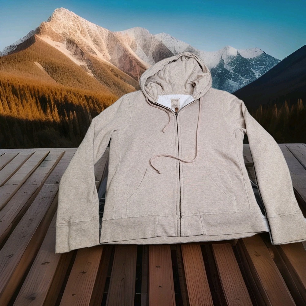 J. Crew‎ Vintage Fleece Hoodie Women's Large Tan/Biege Full Zip Soft Comfy Warm
